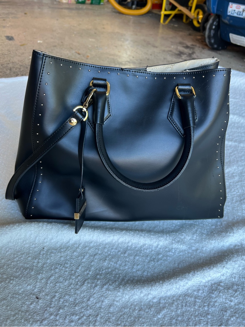 A. Bellucci Black Genuine Leather Studded Tote Bag – Made in Italy